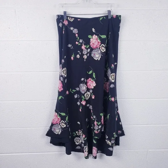 Lauren Ralph Lauren Skirt Black Floral Silk High Low Midi Womens Size 12 - Picture 3 of 7